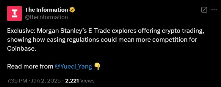 The Information reports Morgan Stanley's E-Trade to explore crypto trading The Information reports Morgan Stanley's E-Trade to explore crypto trading