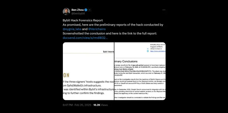 Bybit's CEO Ben Zhou puts forward preliminary reports of the investigation Bybit's CEO Ben Zhou puts forward preliminary reports of the investigation