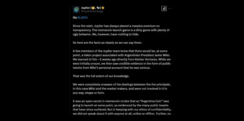 Jupiter Exchange issues a statement on X
