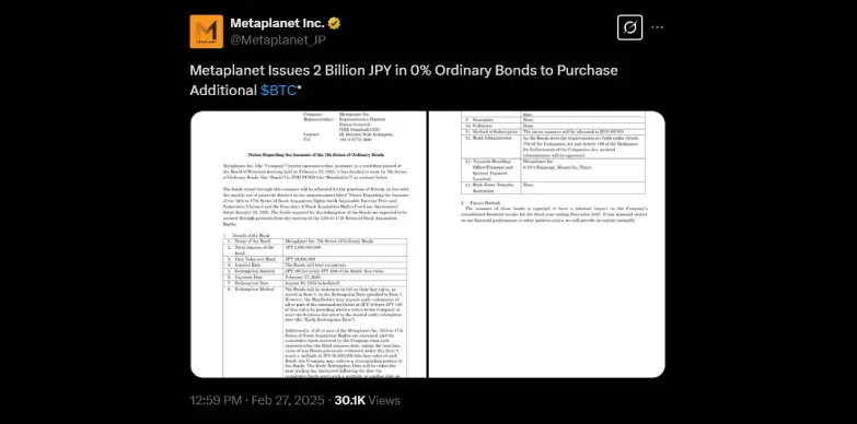 Metaplanet announces issuance of 2 Billion JPY in 0% Ordinary Bonds to Purchase Additional $BTC