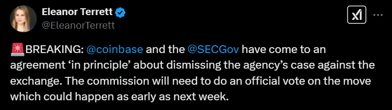 Eleanor Terrett on X about the Coinbase and SEC Reach Landmark Agreement Eleanor Terrett on X about the Coinbase and SEC Reach Landmark Agreement