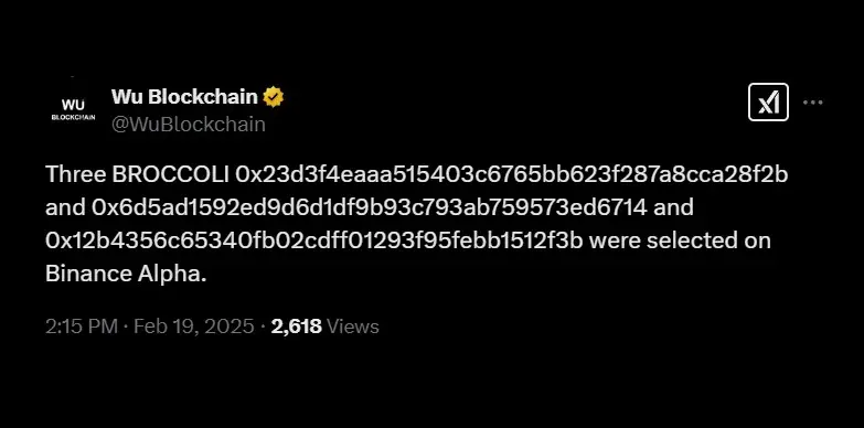 Wu Blockchain confirms the addresses of the $Broccoli tokens