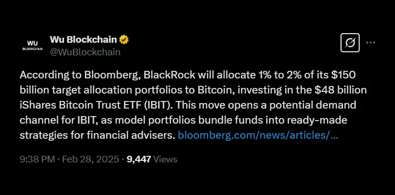 Wu Blockchain cites BlackRock adding its $BTC ETF in a model portfolio for the first time
