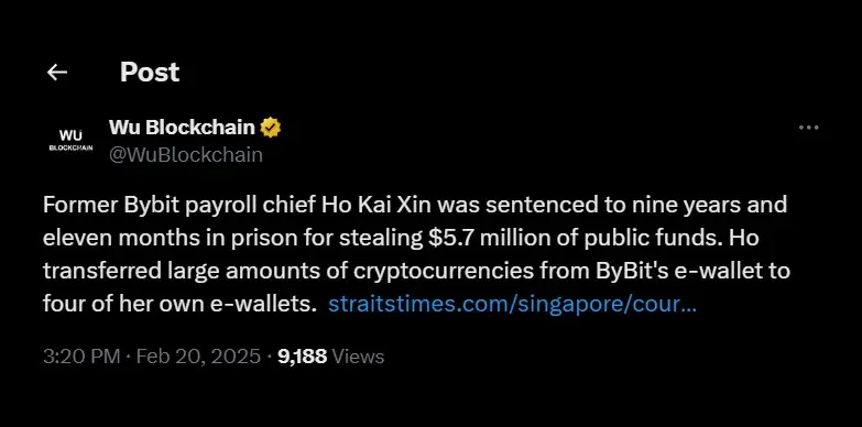 Wu Blockchain reports Ex-ByBit manager sentenced to jail for crypto fraud