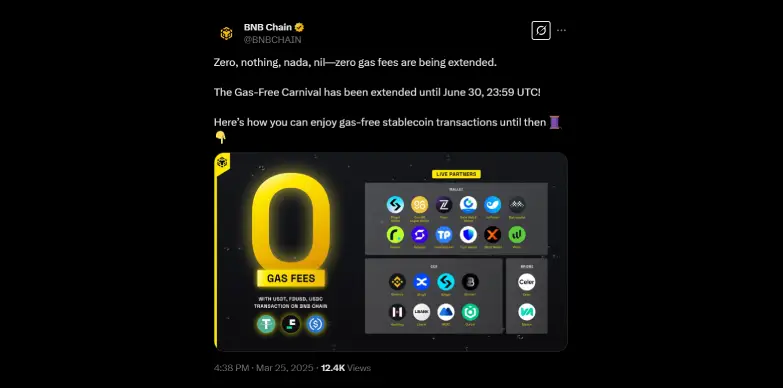 BNB Chain announces extension of Gas-Free Carnival