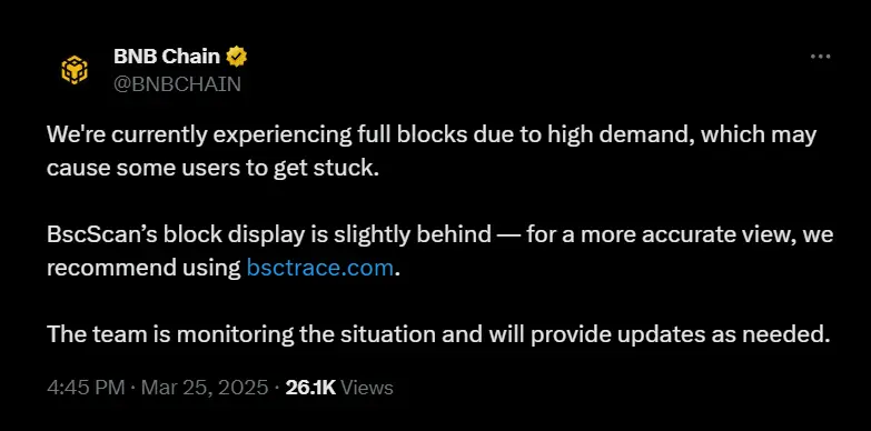 BNB Chain announces network delays