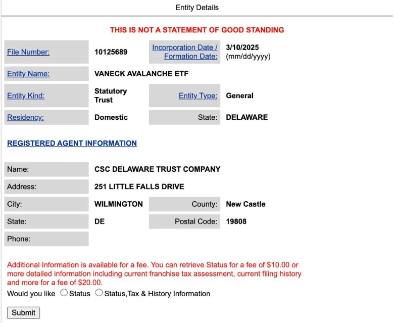 VanEck Registers Avalanche ETF Entity Details