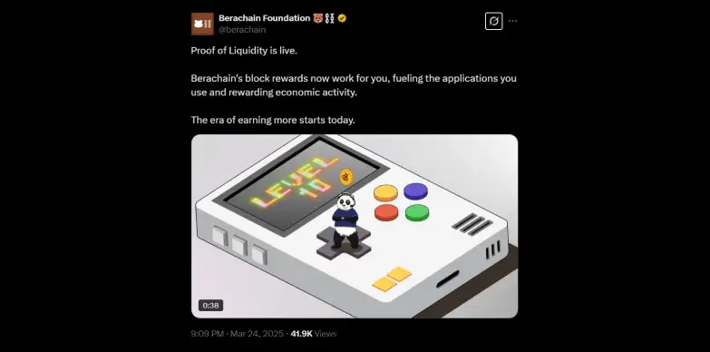 Berachain announces its PoL going live on social media platform X Berachain announces its PoL going live on social media platform X