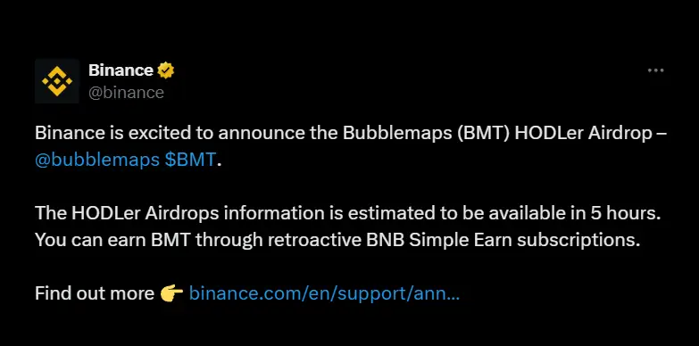 Binance announces listing of Bubblemaps as the 12th project on its HODLer Airdrops page Binance announces listing of Bubblemaps as the 12th project on its HODLer Airdrops page