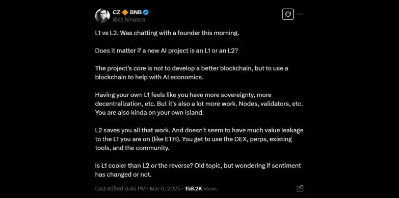 CZ shares his thought regarding usage of L1 and L2 for AI projects CZ shares his thought regarding usage of L1 and L2 for AI projects