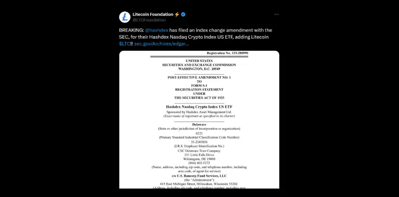 Litecoin Foundation announces Hashdex's LTC ETF inclusion to SEC