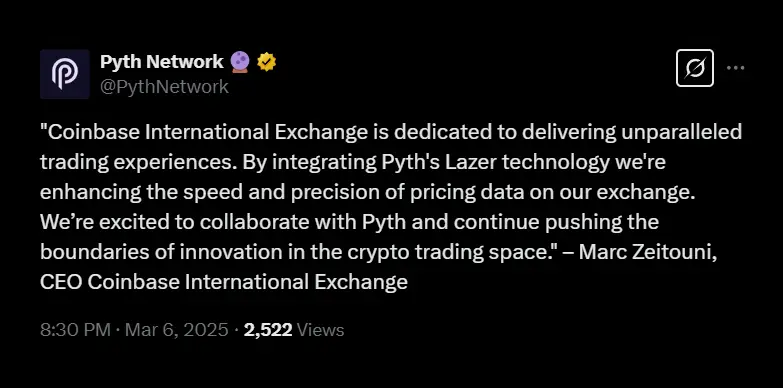 Pyth Network makes an official announcement on X Pyth Network makes an official announcement on X