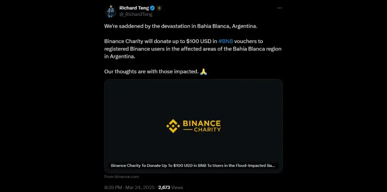 Richard Teng announces Binance's charity program for flood-affected Bahia Blanca residents Richard Teng announces Binance's charity program for flood-affected Bahia Blanca residents