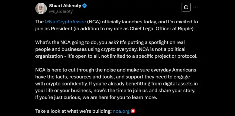 Ripple CLO Stuart Alderoty announces on X his appointment as the President of NCA Ripple CLO Stuart Alderoty announces on X his appointment as the President of NCA