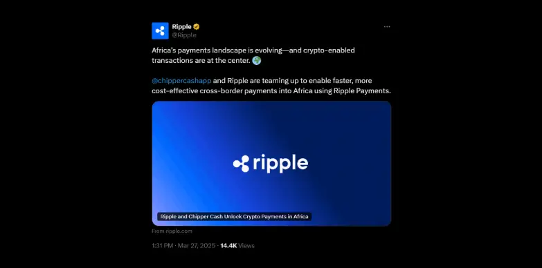 Ripple announces partnership with Chipper Cash on X Ripple announces partnership with Chipper Cash on X