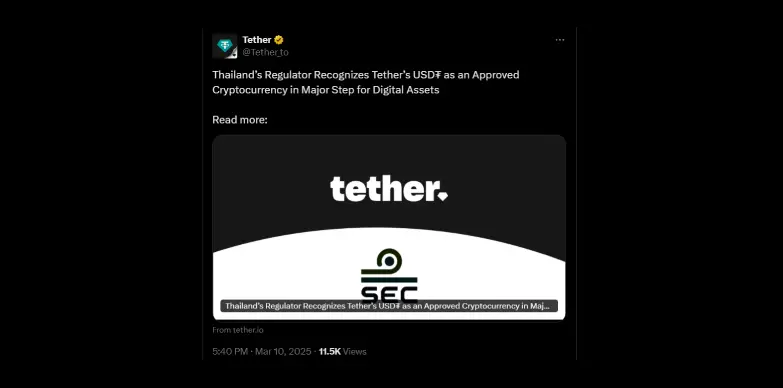 Tether announces approval of USDT by Thailand SEC on X Tether announces approval of USDT by Thailand SEC on X