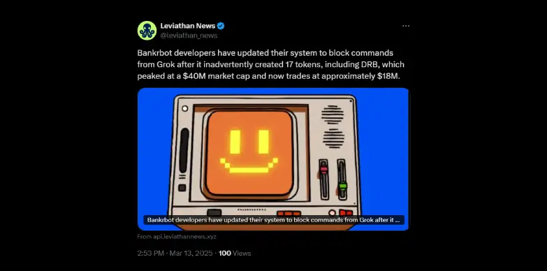 The Levithian News cites Bankrbot blocking Grok's commands The Levithian News cites Bankrbot blocking Grok's commands