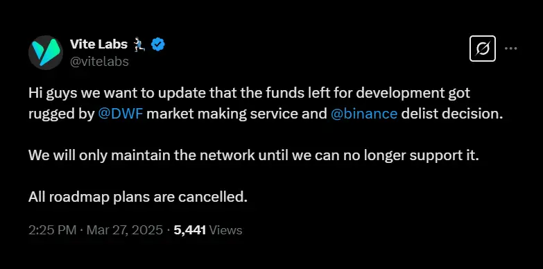 Vite Labs cancels roadmap plans Vite Labs cancels roadmap plans