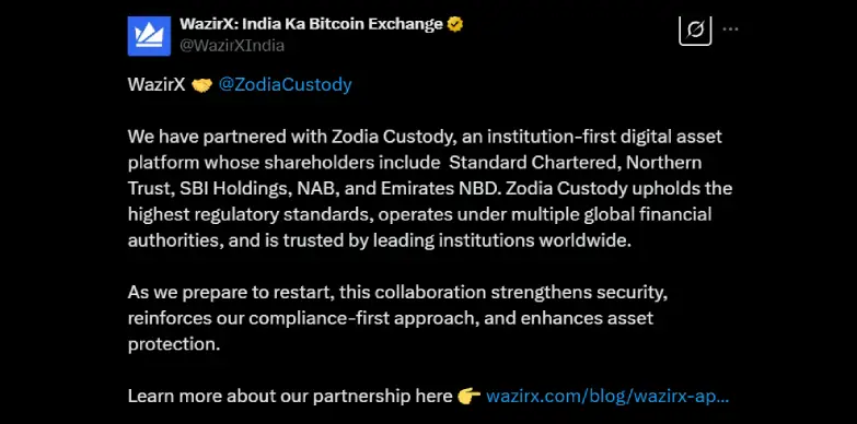 WazirX announces partnership with Zodia Custody