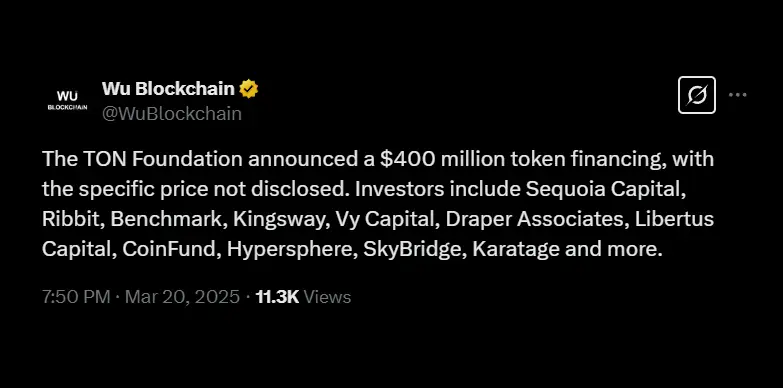 Wu Blockchain cites TON Foundation raising $400M in Toncoin from top VCs