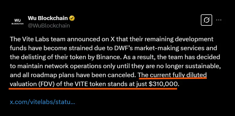 Wu Blockchain indicating the drop in Vite Labs' FDV Wu Blockchain indicating the drop in Vite Labs' FDV