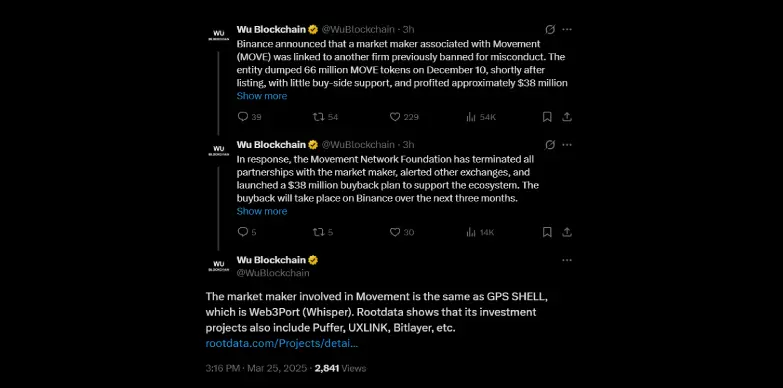 Wu Blockchain reports Binance's market maker scandal on X