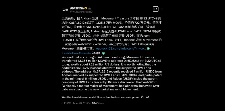 Wu Blockchain reports transaction associated with DWF Labs Wu Blockchain reports transaction associated with DWF Labs