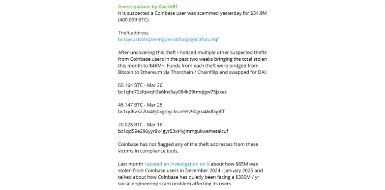 ZachXBT explains the hack and flags the addresses on his Telegram post ZachXBT explains the hack and flags the addresses on his Telegram post