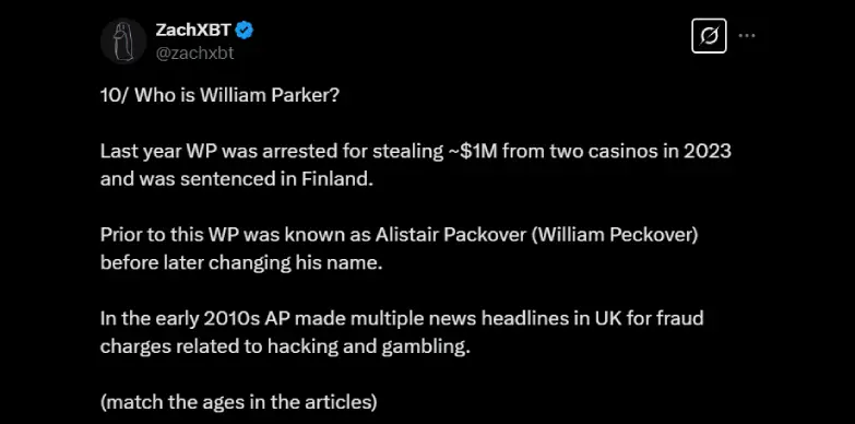 ZachXBT identifies the whale as William Parker