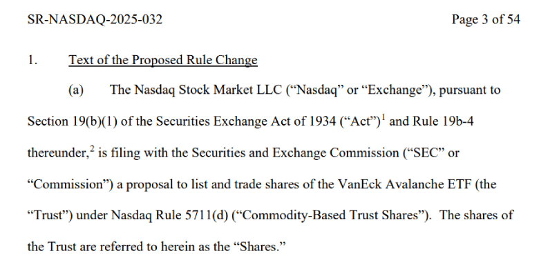 Nasdaq’s Avalanche ETF listing application | VanEck Nasdaq’s Avalanche ETF listing application | VanEck