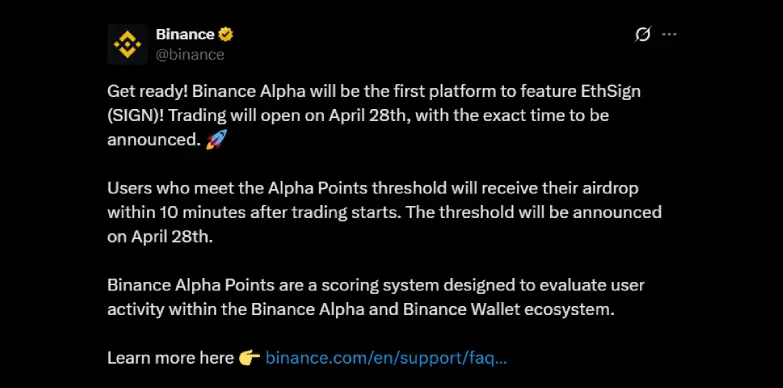Binance Alpha announces Listing of EthSign on April 28