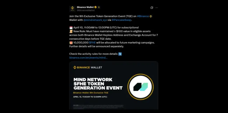 Binance Wallet announcing the TGE for Mind Network