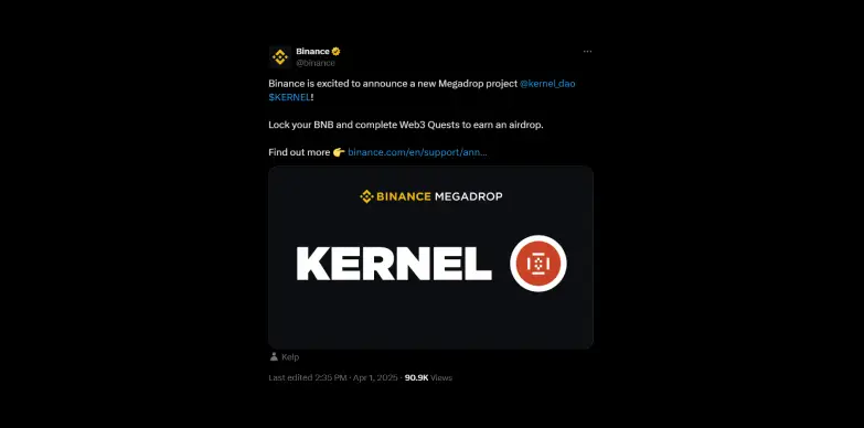 Binance announces KernelDAO as 4th Project on Megadrop Binance announces KernelDAO as 4th Project on Megadrop