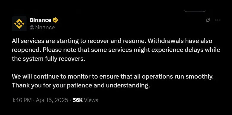 Binance announces recovery within minutes Binance announces recovery within minutes
