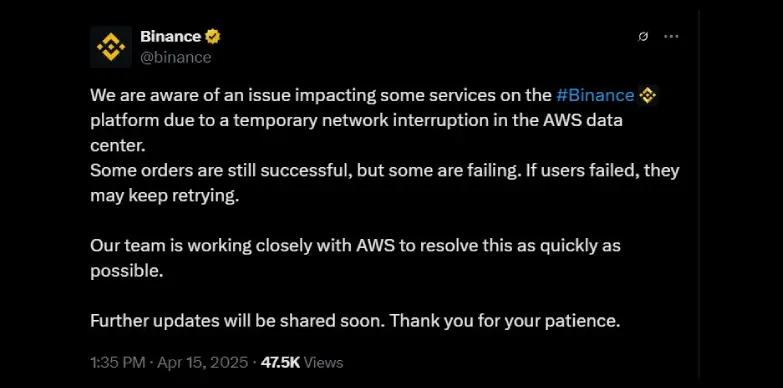 Binance spreads the word through a social media post Binance spreads the word through a social media post