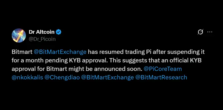 BitMart resumes trading Pi Network's token on its platform BitMart resumes trading Pi Network's token on its platform