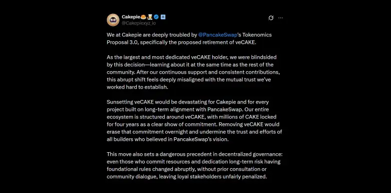 Cakepie argues how removing veCAKE might be devastating for the PancakeSwap ecosystem