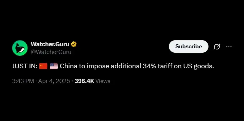 China imposes 34% tariff on the U.S. China imposes 34% tariff on the U.S.