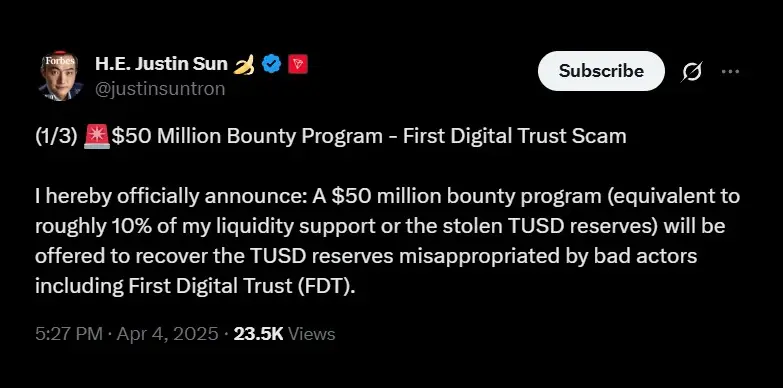 Justin Sun announces bounty program against FDT Justin Sun announces bounty program against FDT