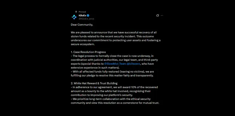 KiloEx announces full recovery on social media platform X KiloEx announces full recovery on social media platform X