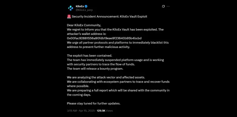 KiloEx announces security breach on April 15, 2025 KiloEx announces security breach on April 15, 2025