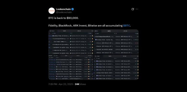 Lookonchain reports Bitcoin accumulation by the institutional investors Lookonchain reports Bitcoin accumulation by the institutional investors