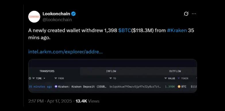 Lookonchain reports whale activity with major Bitcoin transfer Lookonchain reports whale activity with major Bitcoin transfer