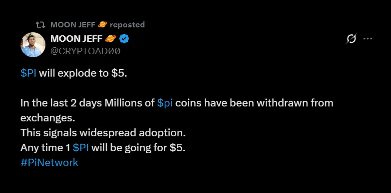 Moon Jeff, on-chain analyst being optimistic about Pi Coin price Moon Jeff, on-chain analyst being optimistic about Pi Coin price