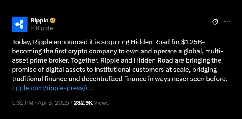 Ripple announces acquisition of Hidden Road on X Ripple announces acquisition of Hidden Road on X