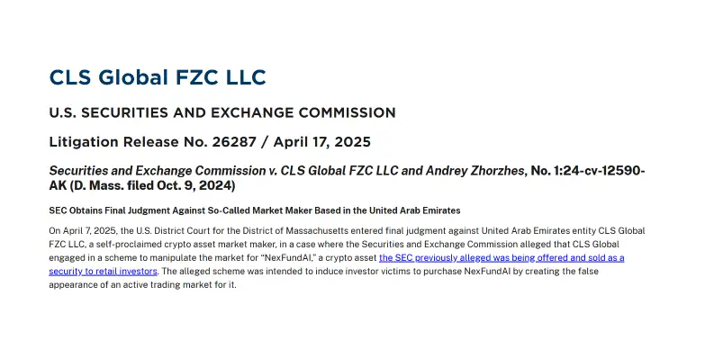 SEC anounces issuances of final judgement by District Court of Massachusetts against CLS Global