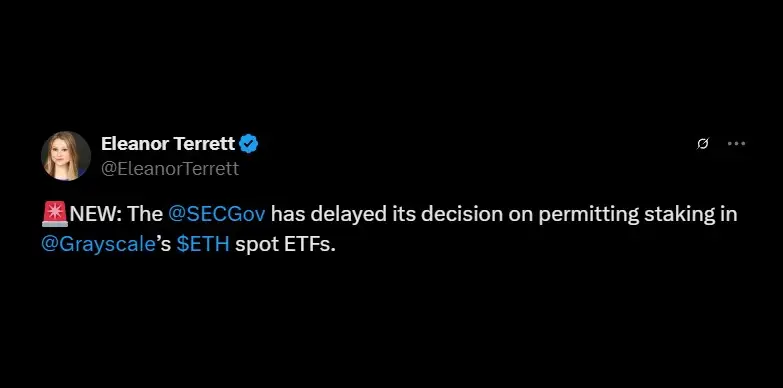 SEC to delay decision on staking in Grayscale's Ethereum Spot ETFs SEC to delay decision on staking in Grayscale's Ethereum Spot ETFs