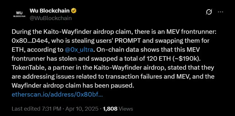 Wu Blockchain reports the Kaito-Wayfinder Airdrop Exploit Wu Blockchain reports the Kaito-Wayfinder Airdrop Exploit