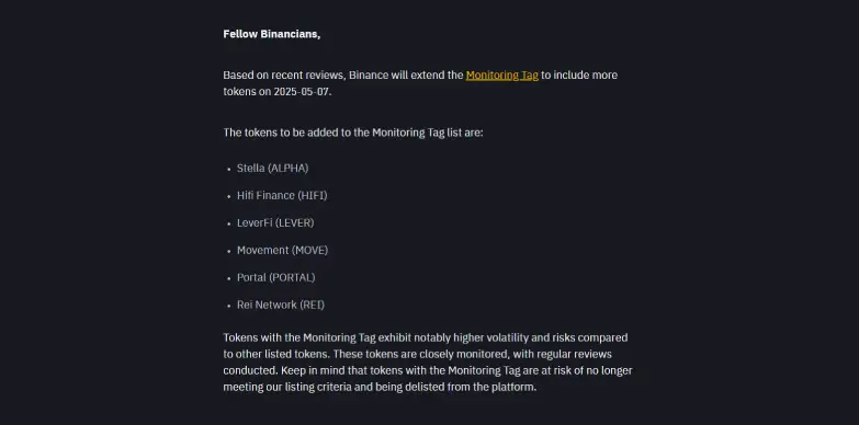 Binance announces monitoring tag for various tokens Binance announces monitoring tag for various tokens