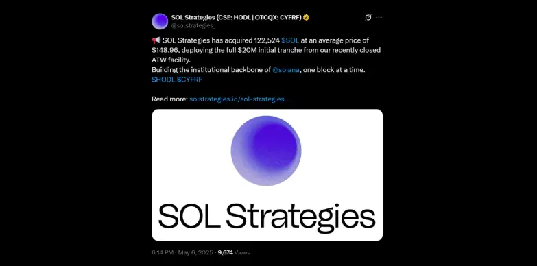 SOL Strategies announces the recent purchase on X SOL Strategies announces the recent purchase on X